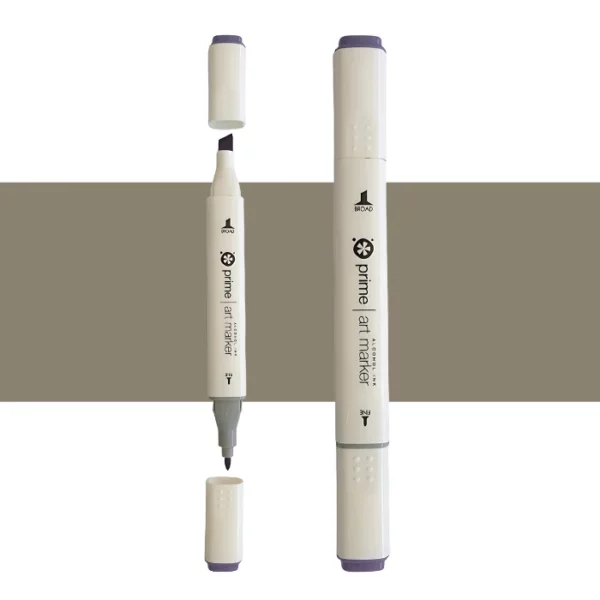 two prime art alcohol ink markers are standing upright in the center of the image. the one on the left has both caps off showing the two different types of nibs. the one on the right has both the caps on. they are cream coloured pens with black writing on them. they are sitting infront of a horizontal stripe of colour that shows what colour the marker is. on a white background