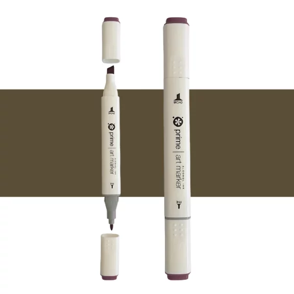 two prime art alcohol ink markers are standing upright in the center of the image. the one on the left has both caps off showing the two different types of nibs. the one on the right has both the caps on. they are cream coloured pens with black writing on them. they are sitting infront of a horizontal stripe of colour that shows what colour the marker is. on a white background