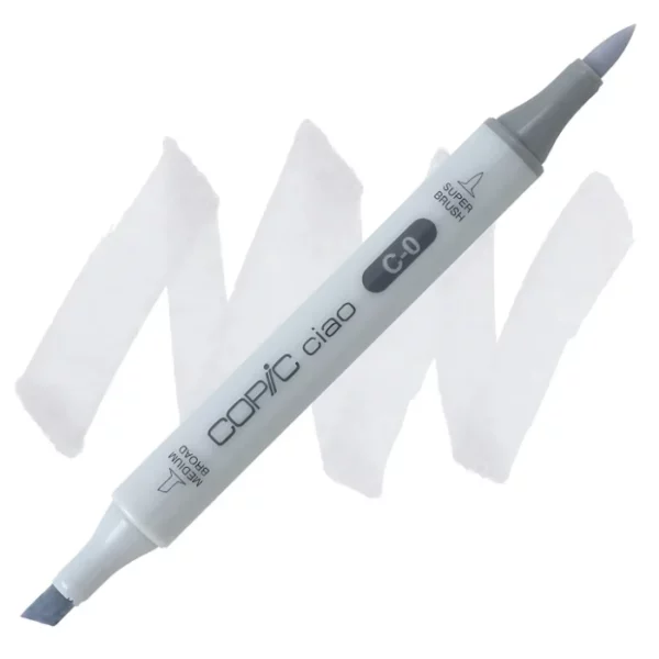 in the center of the image is a single copic marker that is sitting diagonally across the image. from left to right. it has a grey body and both caps are off showing the two different nibs, one brush at the top and the chisel tip at the bottom. it is sitting infront of a squiggle of the same colour as the marker on a white background