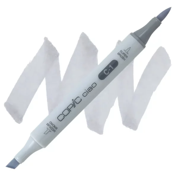 in the center of the image is a single copic marker that is sitting diagonally across the image. from left to right. it has a grey body and both caps are off showing the two different nibs, one brush at the top and the chisel tip at the bottom. it is sitting infront of a squiggle of the same colour as the marker on a white background