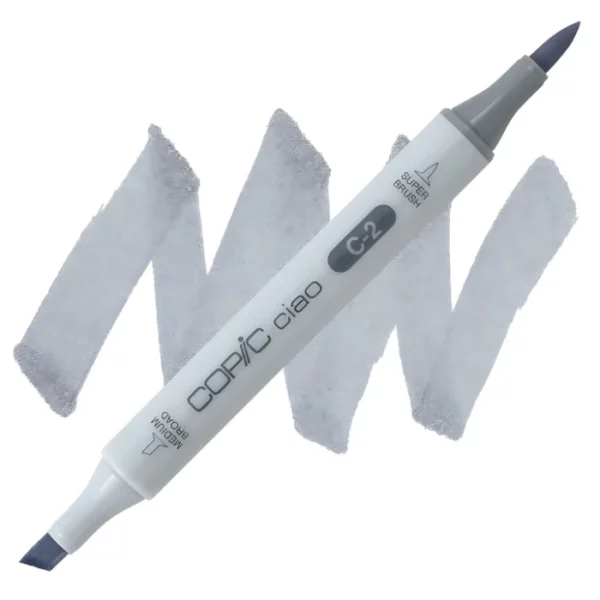 in the center of the image is a single copic marker that is sitting diagonally across the image. from left to right. it has a grey body and both caps are off showing the two different nibs, one brush at the top and the chisel tip at the bottom. it is sitting infront of a squiggle of the same colour as the marker on a white background