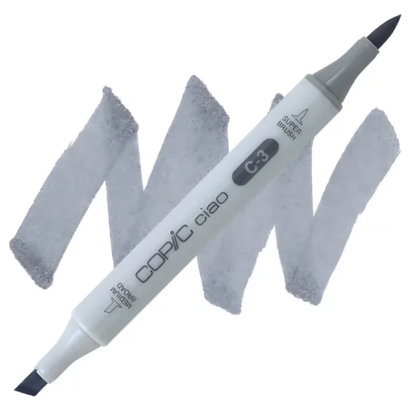 in the center of the image is a single copic marker that is sitting diagonally across the image. from left to right. it has a grey body and both caps are off showing the two different nibs, one brush at the top and the chisel tip at the bottom. it is sitting infront of a squiggle of the same colour as the marker on a white background