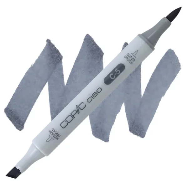 in the center of the image is a single copic marker that is sitting diagonally across the image. from left to right. it has a grey body and both caps are off showing the two different nibs, one brush at the top and the chisel tip at the bottom. it is sitting infront of a squiggle of the same colour as the marker on a white background