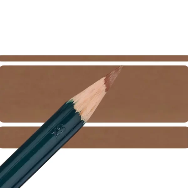 a derwent artists coloured pencil is seen in a close up ciming in from the left habd corner of the image. the tip is facing the right hand side top of the image. in a horizontal line. it has a green hamdle and a wooden end with the coloured tip. there are three horizontal stripes behind it that are the same colour as the nib of the pencil. on a white background