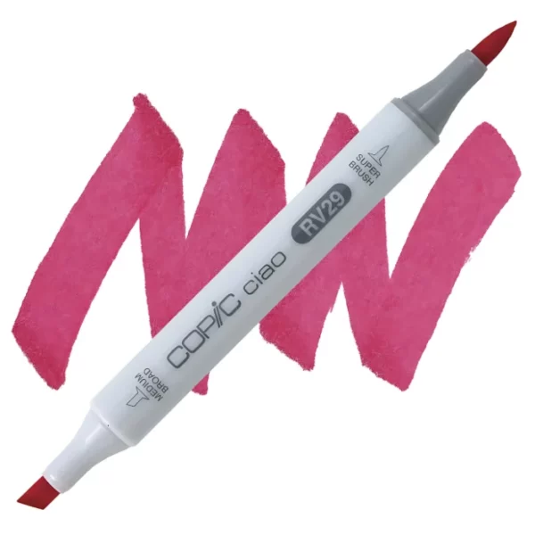 in the center of the image is a single copic marker that is sitting diagonally across the image. from left to right. it has a grey body and both caps are off showing the two different nibs, one brush at the top and the chisel tip at the bottom. it is sitting infront of a squiggle of the same colour as the marker on a white background