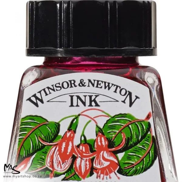 A close up of a single bottle of Crimson Winsor & Newton Drawing Ink. The bottom of the bottle is cut off by the frame. The bottle is clear glass so you can see the colour of the ink inside, with a black screw on plastic lid. There is a label on the front of the bottle with the brand logo.