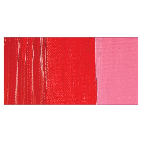 A rectangular colour swatch of Crimson Winsor and Newton Galeria Acrylic Paint is shown across the center of the frame. The colour swatch shows the tube colour in three gradients from left to right. On a white background.