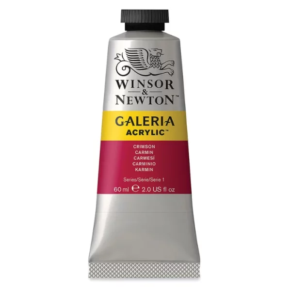 A single tube of Crimson Winsor and Newton Galeria Acrylic Paint 60ml is shown in the center of the frame, standing vertically. The tube is a silver colour and has a black, screw on, plastic lid. The Winsor and Newton logo is printed at the top of the tube and there is a yellow band across the tube, under the logo, with the words, 'Galeria Acrylic'. There is a band of colour below that which denotes the colour of the paint in the tube. There is text on this colour band, describing the colour and paint properties. The image is center of the frame and on a white background.