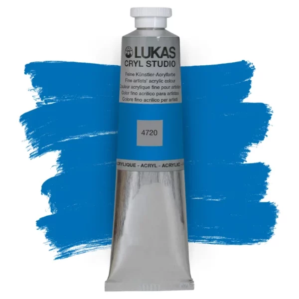 A single tube of Cyan Blue Primary Lukas Cryl STUDIO Acrylics 75ml is shown in the center of the frame, standing vertically. The tube is silver and has a colour band around the body of the tube that denotes the colour of the paint inside. The Lukas name and logo is printed at the top of the tube and there is black text below the logo that describes the paint. The tube has a white plastic, screw on lid. There is a paint swatch in the background that indicates the colour of the paint inside the tube. The image is center of the frame and on a white background.