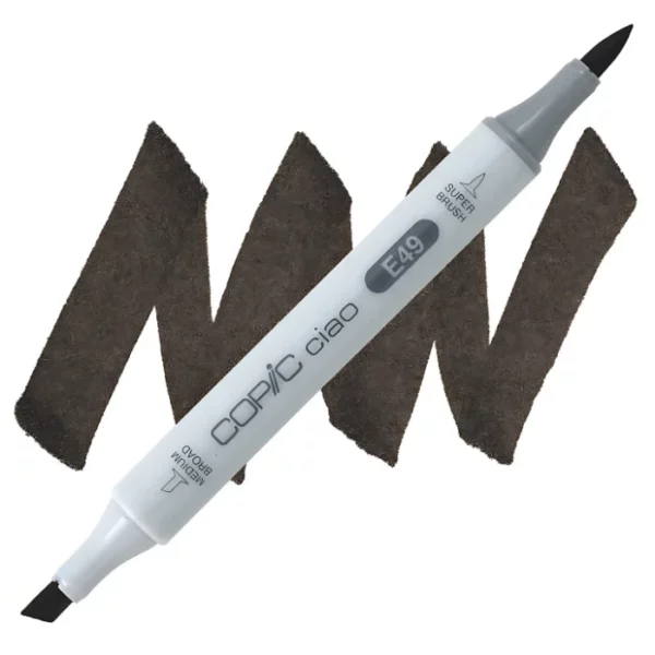 in the center of the image is a single copic marker that is sitting diagonally across the image. from left to right. it has a grey body and both caps are off showing the two different nibs, one brush at the top and the chisel tip at the bottom. it is sitting infront of a squiggle of the same colour as the marker on a white background