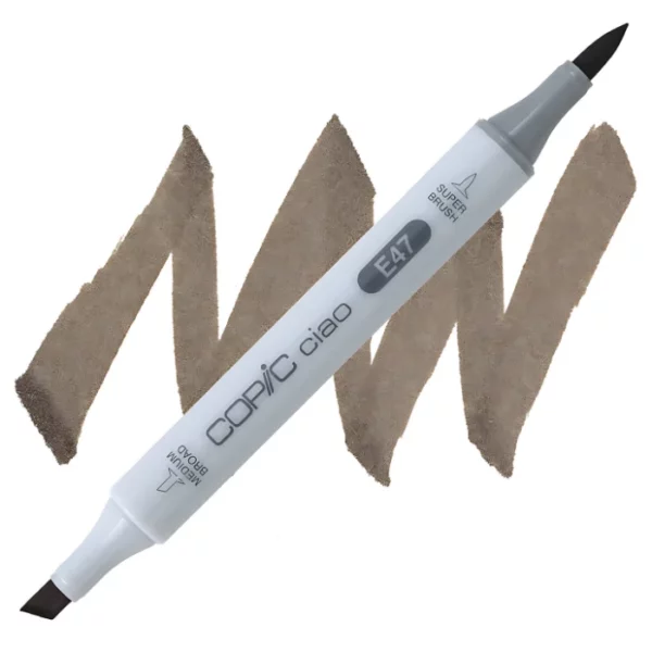 in the center of the image is a single copic marker that is sitting diagonally across the image. from left to right. it has a grey body and both caps are off showing the two different nibs, one brush at the top and the chisel tip at the bottom. it is sitting infront of a squiggle of the same colour as the marker on a white background