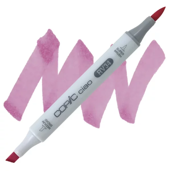 in the center of the image is a single copic marker that is sitting diagonally across the image. from left to right. it has a grey body and both caps are off showing the two different nibs, one brush at the top and the chisel tip at the bottom. it is sitting infront of a squiggle of the same colour as the marker on a white background