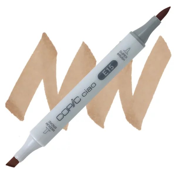 in the center of the image is a single copic marker that is sitting diagonally across the image. from left to right. it has a grey body and both caps are off showing the two different nibs, one brush at the top and the chisel tip at the bottom. it is sitting infront of a squiggle of the same colour as the marker on a white background