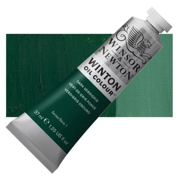 A tube of Dark Verdigris Winsor and Newton Winton Oil Paint 37ml is shown diagonally, across the center of the frame. The tube is a silver colour and has a white screw on, plastic lid. The Winsor and Newton logo is printed at the top of the tube and there is a white band printed across the tube, below the logo, that has the words 'Winton Oil Colour' written on it. Below that is a colour band printed across the tube that has black text describing the product colour and paint properties. There is a rectangular colour swatch behind the tube that shows the colour of the paint. It lays horizontally across the top third of the frame. The image is center of the frame and on a white background.