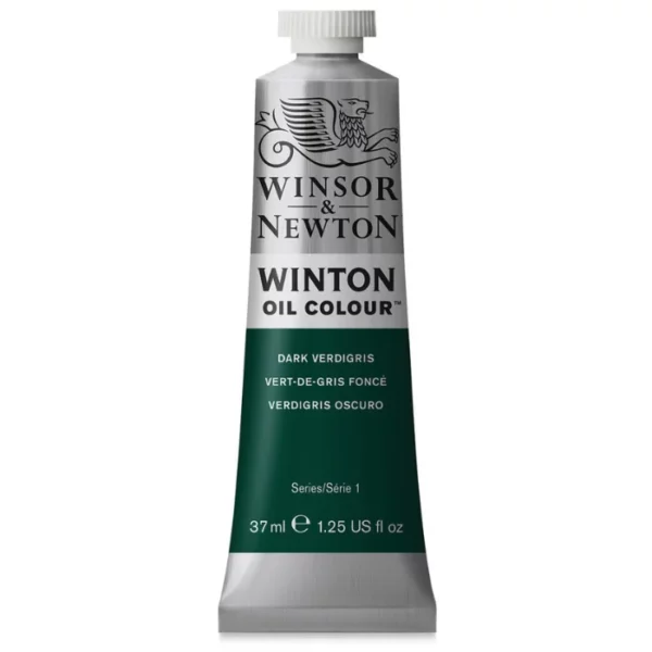 A single tube of Dark Verdigris Winsor and Newton Winton Oil Paint 37ml is shown in the center of the frame, standing vertically. The tube is a silver colour and has a white screw on, plastic lid. The Winsor and Newton logo is printed at the top of the tube and there is a white band across the tube, under the logo, with the words, 'Winton Oil Colour'. There is a band of colour below that which denotes the colour of the paint in the tube. There is text on this colour band, describing the colour and paint properties. The image is center of the frame and on a white background.