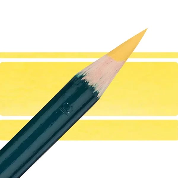 a derwent artists coloured pencil is seen in a close up ciming in from the left habd corner of the image. the tip is facing the right hand side top of the image. in a horizontal line. it has a green hamdle and a wooden end with the coloured tip. there are three horizontal stripes behind it that are the same colour as the nib of the pencil. on a white background