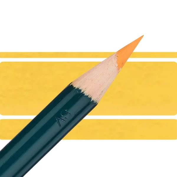 a derwent artists coloured pencil is seen in a close up ciming in from the left habd corner of the image. the tip is facing the right hand side top of the image. in a horizontal line. it has a green hamdle and a wooden end with the coloured tip. there are three horizontal stripes behind it that are the same colour as the nib of the pencil. on a white background