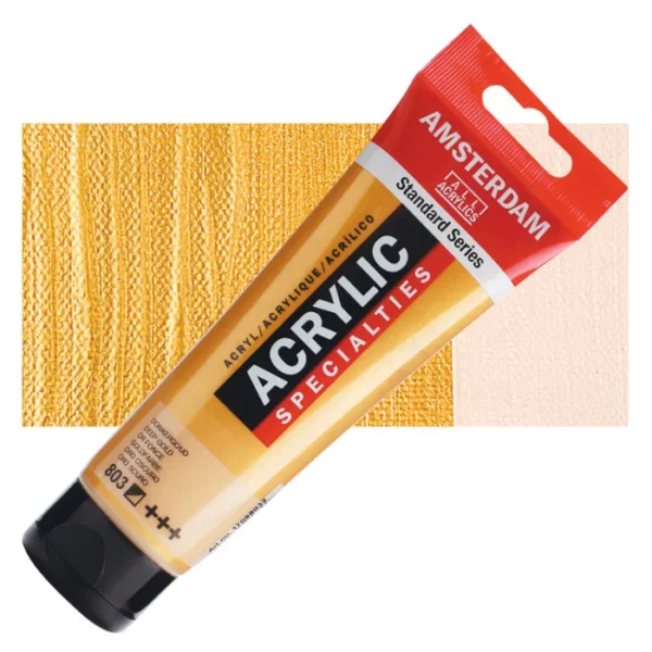 A single tube of Deep Gold Amsterdam Acrylic Paint 120ml is shown diagonally across the center of the frame. The tube is made of a clear plastic and has a red band at the end of the tube with a hole so it can hang. The tube has a black, plastic flip top cap, that the bottle stands on. There is black text on the body of the tube describing the product colour and details. The colour of the paint can be seen through the tube. There is a rectangular colour swatch of the paint, behind the tube. The swatch shows the colour in different gradient's. The image is center of the frame and on a white background.