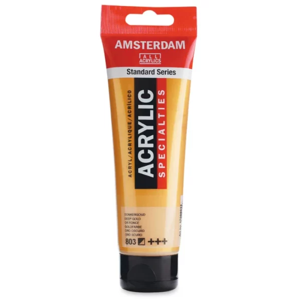 A single tube of Deep Gold Amsterdam Acrylic Paint 120ml is standing vertically in the center of the frame. The tube is made of a clear plastic and has a red band at the end of the tube with a hole so it can hang. The tube has a black, plastic flip top cap, that the bottle stands on. There is black text on the body of the tube describing the product colour and details. The colour of the paint can be seen through the tube. On a white background.