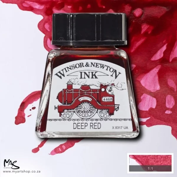 A single bottle of Deep Red Winsor & Newton Drawing Ink can be seen in the center of the frame, with ink in the background, in the top right hand corner of the frame, flowing into the frame. The ink is the colour of the ink inside the bottle. The bottle is a clear glass bottle and so you can see the colour of the ink inside. There is a black, plastic screw on lid and a label stuck to the front of the bottle with the brand name and logo on it. There is a small rectangular colour block with a sample of the ink colour in a 1:1 ratio, in the bottom right hand corner of the frame.