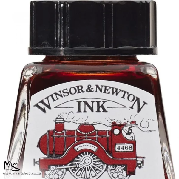 A close up of a single bottle of Deep Red Winsor & Newton Drawing Ink. The bottom of the bottle is cut off by the frame. The bottle is clear glass so you can see the colour of the ink inside, with a black screw on plastic lid. There is a label on the front of the bottle with the brand logo.