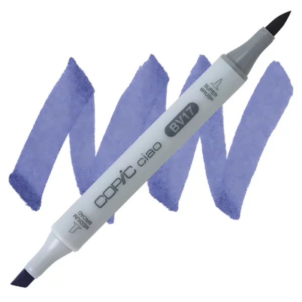 in the center of the image is a single copic marker that is sitting diagonally across the image. from left to right. it has a grey body and both caps are off showing the two different nibs, one brush at the top and the chisel tip at the bottom. it is sitting infront of a squiggle of the same colour as the marker on a white background