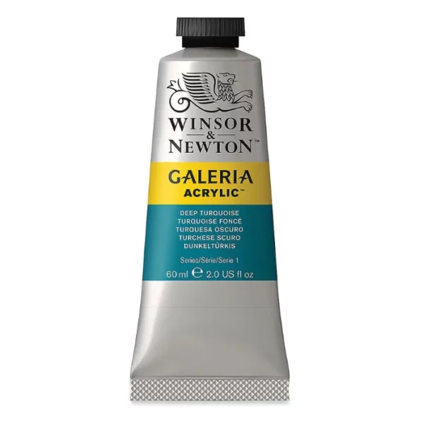 A single tube of Deep Turquoise Winsor and Newton Galeria Acrylic Paint 60ml is shown in the center of the frame, standing vertically. The tube is a silver colour and has a black, screw on, plastic lid. The Winsor and Newton logo is printed at the top of the tube and there is a yellow band across the tube, under the logo, with the words, 'Galeria Acrylic'. There is a band of colour below that which denotes the colour of the paint in the tube. There is text on this colour band, describing the colour and paint properties. The image is center of the frame and on a white background.