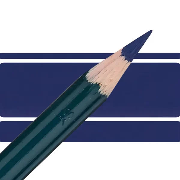 a derwent artists coloured pencil is seen in a close up ciming in from the left habd corner of the image. the tip is facing the right hand side top of the image. in a horizontal line. it has a green hamdle and a wooden end with the coloured tip. there are three horizontal stripes behind it that are the same colour as the nib of the pencil. on a white background