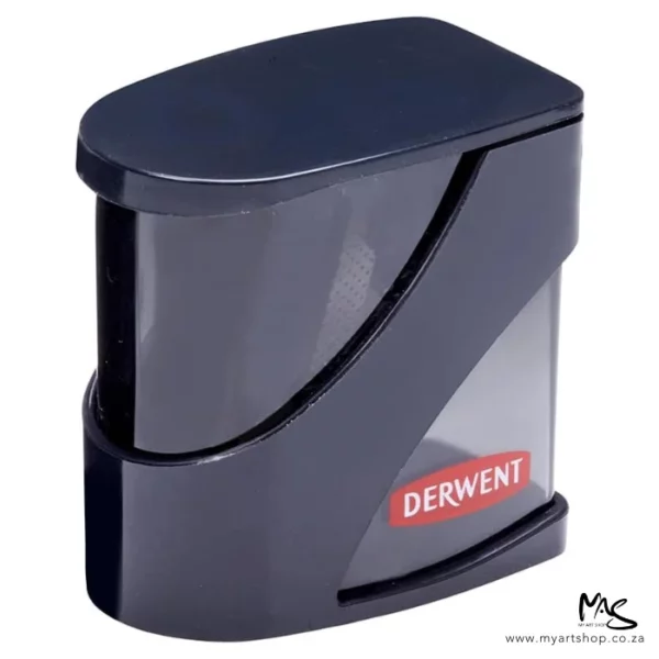 A single Derwent Twin Hole Pencil Sharpener can be seen, slightly angled in the center of the frame. The sharpener is black plastic, with a tinted clear part and a red Derwent logo printed at the bottom of the sharpener. The image is on a white background.