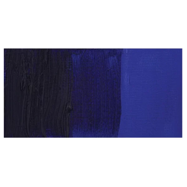 A rectangular colour swatch of Dioxazine Blue Winsor and Newton Winton Oil Paint is shown across the center of the frame. The colour swatch shows the tube colour in three gradients from left to right. On a white background.