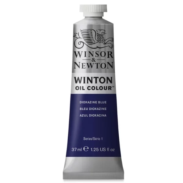 A single tube of Dioxazine Blue Winsor and Newton Winton Oil Paint 37ml is shown in the center of the frame, standing vertically. The tube is a silver colour and has a white screw on, plastic lid. The Winsor and Newton logo is printed at the top of the tube and there is a white band across the tube, under the logo, with the words, 'Winton Oil Colour'. There is a band of colour below that which denotes the colour of the paint in the tube. There is text on this colour band, describing the colour and paint properties. The image is center of the frame and on a white background.