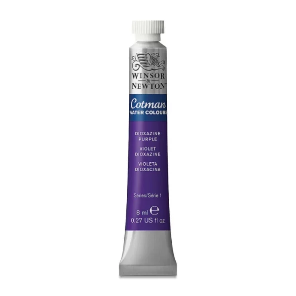 A single Dioxazine Purple Winsor and Newton Cotman Watercolour 8ml Tube is shown vertically in the center of the frame. The tube is silver and the Winsor and Newton logo is printed at the top of the tube. There is a blue band below the logo and the words 'Cotman Watercolour' are printed on the blue band in white. Then there is a large colour band around the base of the tube that denotes the colour of the paint. The tube colour and paint properties are indicated on this colour band in black text. The tube has a white, plastic screw on cap. The image is center of the frame and on a white background.