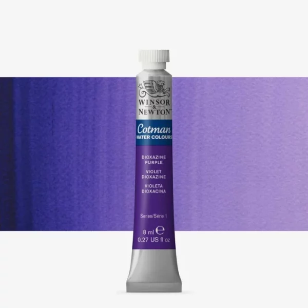 A single Dioxazine Purple Winsor and Newton Cotman Watercolour 8ml Tube is shown vertically in the center of the frame. The tube is silver and the Winsor and Newton logo is printed at the top of the tube. There is a blue band below the logo and the words 'Cotman Watercolour' are printed on the blue band in white. Then there is a large colour band around the base of the tube that denotes the colour of the paint. The tube colour and paint properties are indicated on this colour band in black text. The tube has a white, plastic screw on cap. There is a rectangular colour swatch behind the tube that shows how the colour works on a gradient scale. The entire image is center of the frame and on a white background.