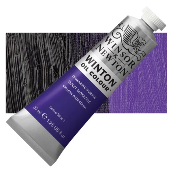 A tube of Dioxazine Purple Winsor and Newton Winton Oil Paint 37ml is shown diagonally, across the center of the frame. The tube is a silver colour and has a white screw on, plastic lid. The Winsor and Newton logo is printed at the top of the tube and there is a white band printed across the tube, below the logo, that has the words 'Winton Oil Colour' written on it. Below that is a colour band printed across the tube that has black text describing the product colour and paint properties. There is a rectangular colour swatch behind the tube that shows the colour of the paint. It lays horizontally across the top third of the frame. The image is center of the frame and on a white background.