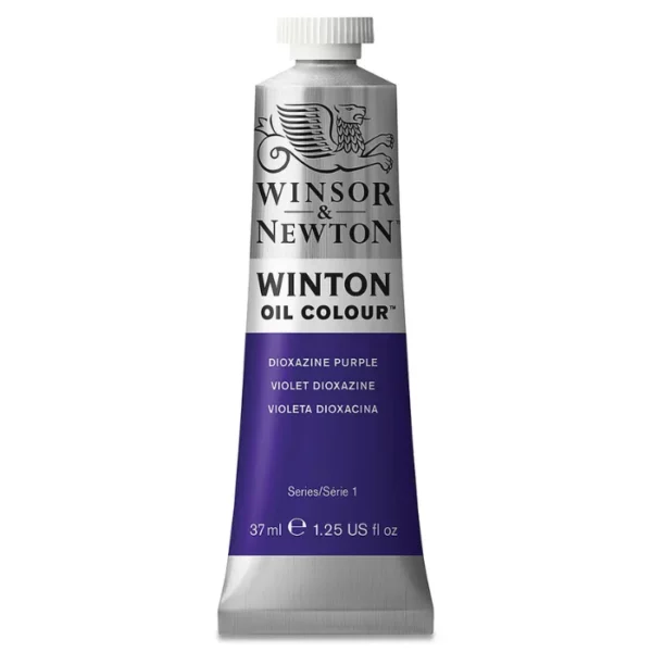 A single tube of Dioxazine Purple Winsor and Newton Winton Oil Paint 37ml is shown in the center of the frame, standing vertically. The tube is a silver colour and has a white screw on, plastic lid. The Winsor and Newton logo is printed at the top of the tube and there is a white band across the tube, under the logo, with the words, 'Winton Oil Colour'. There is a band of colour below that which denotes the colour of the paint in the tube. There is text on this colour band, describing the colour and paint properties. The image is center of the frame and on a white background.