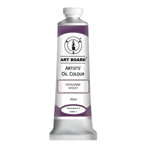 A tube of Dioxazine Violet Artboard Oil Paint 40ml is shown standing vertically in the center of the frame. The tube is silver and has a label around the body of the tube. Parts of the label are coloured, to denote the colour of the paint inside the tube. The artboard logo and name are printed at the top of the label and the colour and product details are printed below. The tube has a white plastic, screw on lid. On a white background.