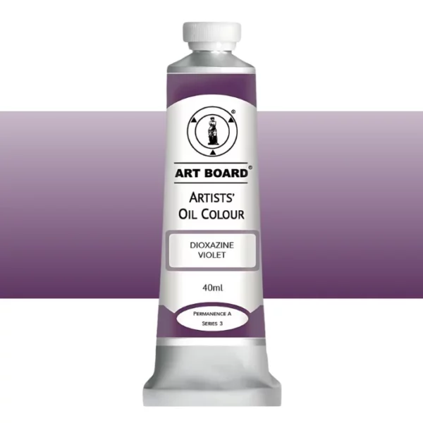 A tube of Dioxazine Violet Artboard Oil Paint 40ml is shown standing vertically in the center of the frame. The tube is silver and has a label around the body of the tube. Parts of the label are coloured, to denote the colour of the paint inside the tube. The artboard logo and name are printed at the top of the label and the colour and product details are printed below. The tube has a white plastic, screw on lid. A graded horizontal rectangle is seen in the background, this denotes the colour of the paint inside the tube. On a white background.