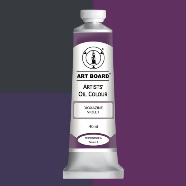 A tube of Dioxazine Violet Artboard Oil Paint 40ml is shown standing vertically in the center of the frame. The tube is silver and has a label around the body of the tube. Parts of the label are coloured, to denote the colour of the paint inside the tube. The artboard logo and name are printed at the top of the label and the colour and product details are printed below. The tube has a white plastic, screw on lid. Different shades of the paint colour are shown in the background in blocks, behind the tube.