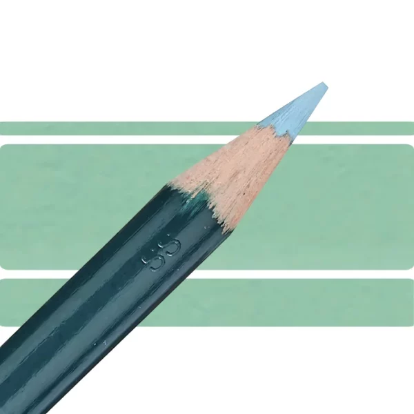 a derwent artists coloured pencil is seen in a close up ciming in from the left habd corner of the image. the tip is facing the right hand side top of the image. in a horizontal line. it has a green hamdle and a wooden end with the coloured tip. there are three horizontal stripes behind it that are the same colour as the nib of the pencil. on a white background