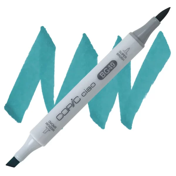 in the center of the image is a single copic marker that is sitting diagonally across the image. from left to right. it has a grey body and both caps are off showing the two different nibs, one brush at the top and the chisel tip at the bottom. it is sitting infront of a squiggle of the same colour as the marker on a white background