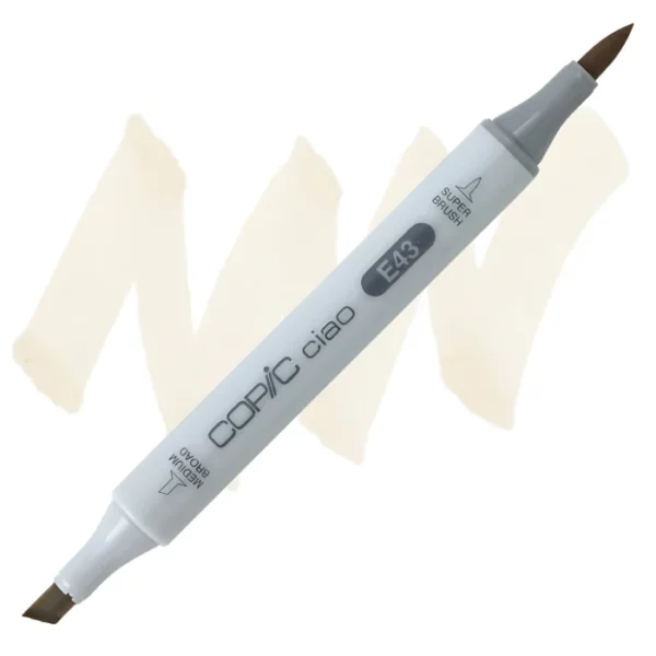 in the center of the image is a single copic marker that is sitting diagonally across the image. from left to right. it has a grey body and both caps are off showing the two different nibs, one brush at the top and the chisel tip at the bottom. it is sitting infront of a squiggle of the same colour as the marker on a white background