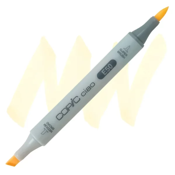 in the center of the image is a single copic marker that is sitting diagonally across the image. from left to right. it has a grey body and both caps are off showing the two different nibs, one brush at the top and the chisel tip at the bottom. it is sitting infront of a squiggle of the same colour as the marker on a white background