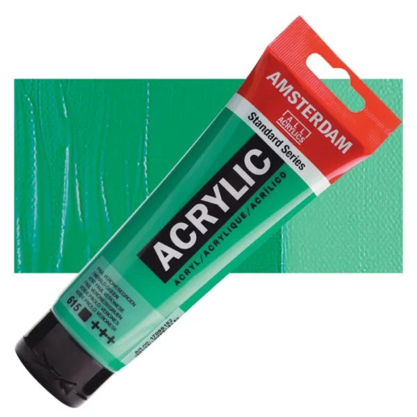 A single tube of Emerald Green Amsterdam Acrylic Paint 120ml is shown diagonally across the center of the frame. The tube is made of a clear plastic and has a red band at the end of the tube with a hole so it can hang. The tube has a black, plastic flip top cap, that the bottle stands on. There is black text on the body of the tube describing the product colour and details. The colour of the paint can be seen through the tube. There is a rectangular colour swatch of the paint, behind the tube. The swatch shows the colour in different gradient's. The image is center of the frame and on a white background.