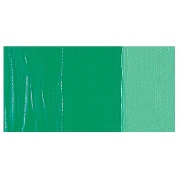 A colour swatch of a tube of Emerald Green Amsterdam Acrylic Paint. The swatch is on a horizontal rectangle across the center of the frame. The swatch shows the colour in different gradient's. On a white background.