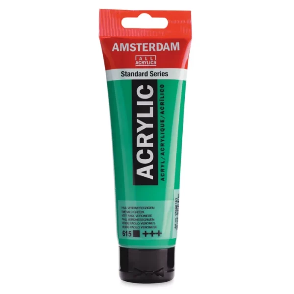 A single tube of Emerald Green Amsterdam Acrylic Paint 120ml is standing vertically in the center of the frame. The tube is made of a clear plastic and has a red band at the end of the tube with a hole so it can hang. The tube has a black, plastic flip top cap, that the bottle stands on. There is black text on the body of the tube describing the product colour and details. The colour of the paint can be seen through the tube. On a white background.