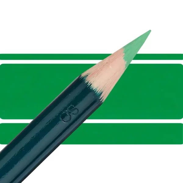 a derwent artists coloured pencil is seen in a close up ciming in from the left habd corner of the image. the tip is facing the right hand side top of the image. in a horizontal line. it has a green hamdle and a wooden end with the coloured tip. there are three horizontal stripes behind it that are the same colour as the nib of the pencil. on a white background