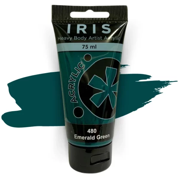 A single tube of Emerald Green Prime Art Iris Acrylic Paint 75ml is shown in the frame. The tube is a clear plastic with a black printed band at the top of each tube that has the Prime Art Iris Logo printed on it. The tube has a black flip cap that the tube stands on. You can see the colour of the paint through the tube. On a white background.