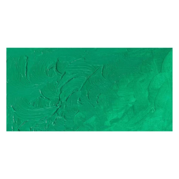 A rectangular colour swatch of Emerald Green Winsor and Newton Winton Oil Paint is shown across the center of the frame. The colour swatch shows the tube colour in three gradients from left to right. On a white background.