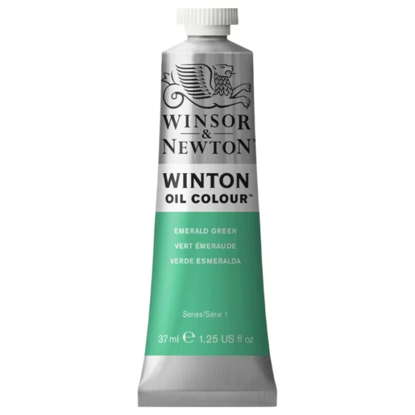 A single tube of Emerald Green Winsor and Newton Winton Oil Paint 37ml is shown in the center of the frame, standing vertically. The tube is a silver colour and has a white screw on, plastic lid. The Winsor and Newton logo is printed at the top of the tube and there is a white band across the tube, under the logo, with the words, 'Winton Oil Colour'. There is a band of colour below that which denotes the colour of the paint in the tube. There is text on this colour band, describing the colour and paint properties. The image is center of the frame and on a white background.