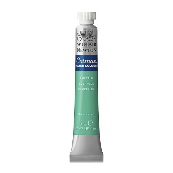 A single Emerald Winsor and Newton Cotman Watercolour 8ml Tube is shown vertically in the center of the frame. The tube is silver and the Winsor and Newton logo is printed at the top of the tube. There is a blue band below the logo and the words 'Cotman Watercolour' are printed on the blue band in white. Then there is a large colour band around the base of the tube that denotes the colour of the paint. The tube colour and paint properties are indicated on this colour band in black text. The tube has a white, plastic screw on cap. The image is center of the frame and on a white background.